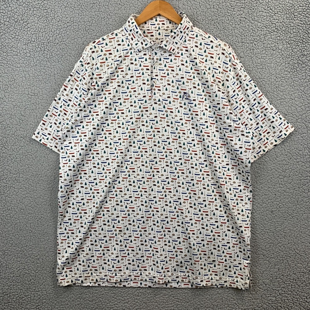 Rhoback Men's XXXL Polo Shirt Blue White Camping Print Golf Performance Stretch